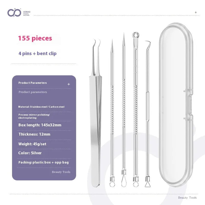 Four silver metal acne needles with pointed tips for skincare extraction