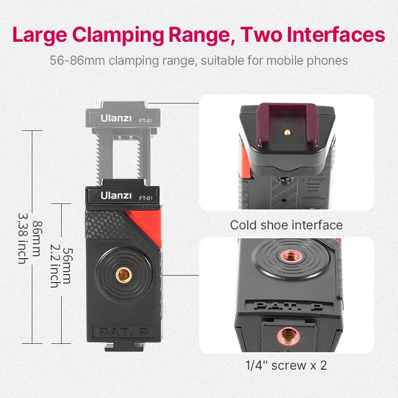 Black octopus leg tripod with extended aluminium shaft and attached mobile phone clip