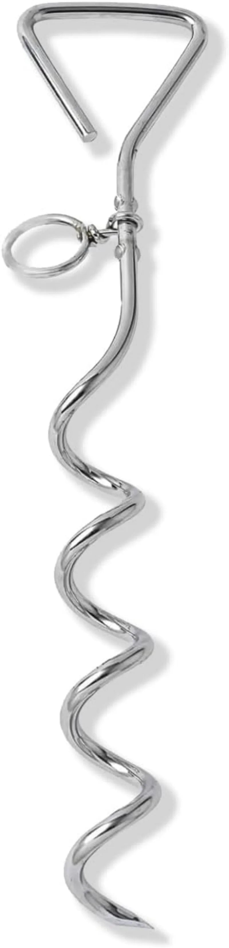 Silver spiral dog tie out stake for ground anchoring in sandy soil conditions