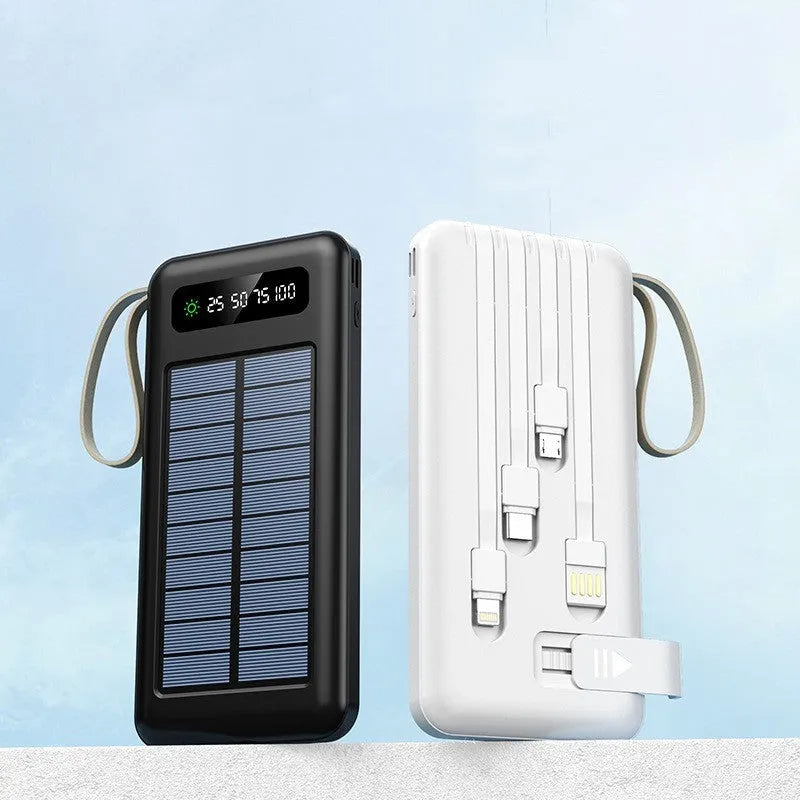 Solar power bank in cool black or ivory white with 20000mAh/30000mAh capacity and compact 144mm design
