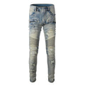 Light blue men's slim fit distressed jeans with hand-frayed detailing on a mid waist.