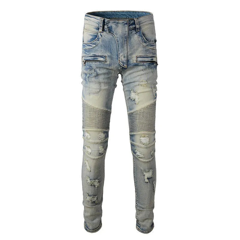 Light blue men's slim fit distressed jeans with hand-frayed detailing on a mid waist.