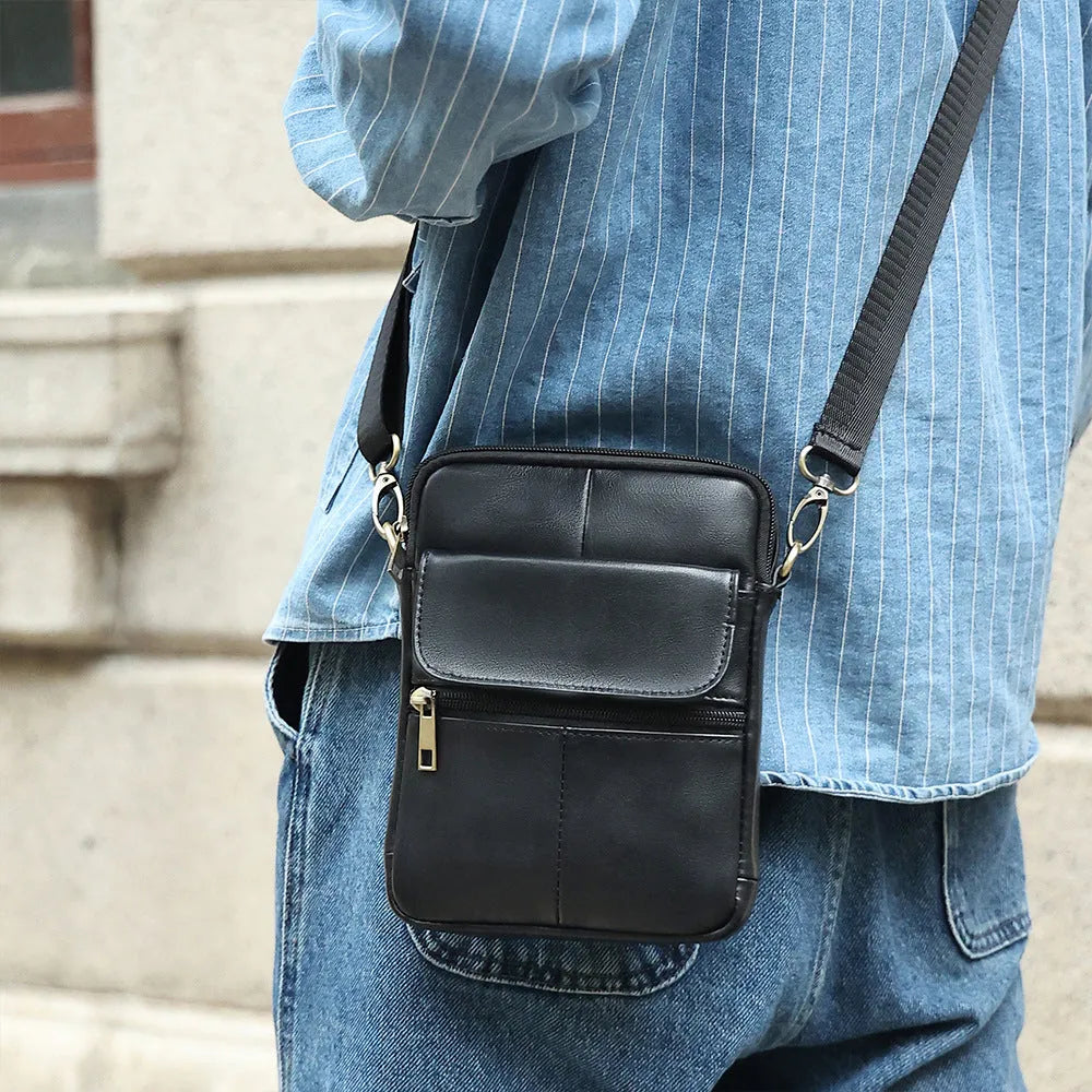 Men's brown leather crossbody shoulder bag with visible stitching details