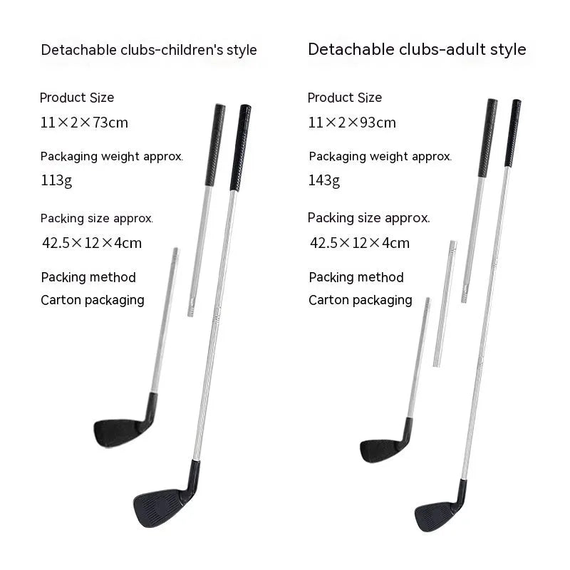 Metal golf training club set showing adult and children's versions for outdoor practice