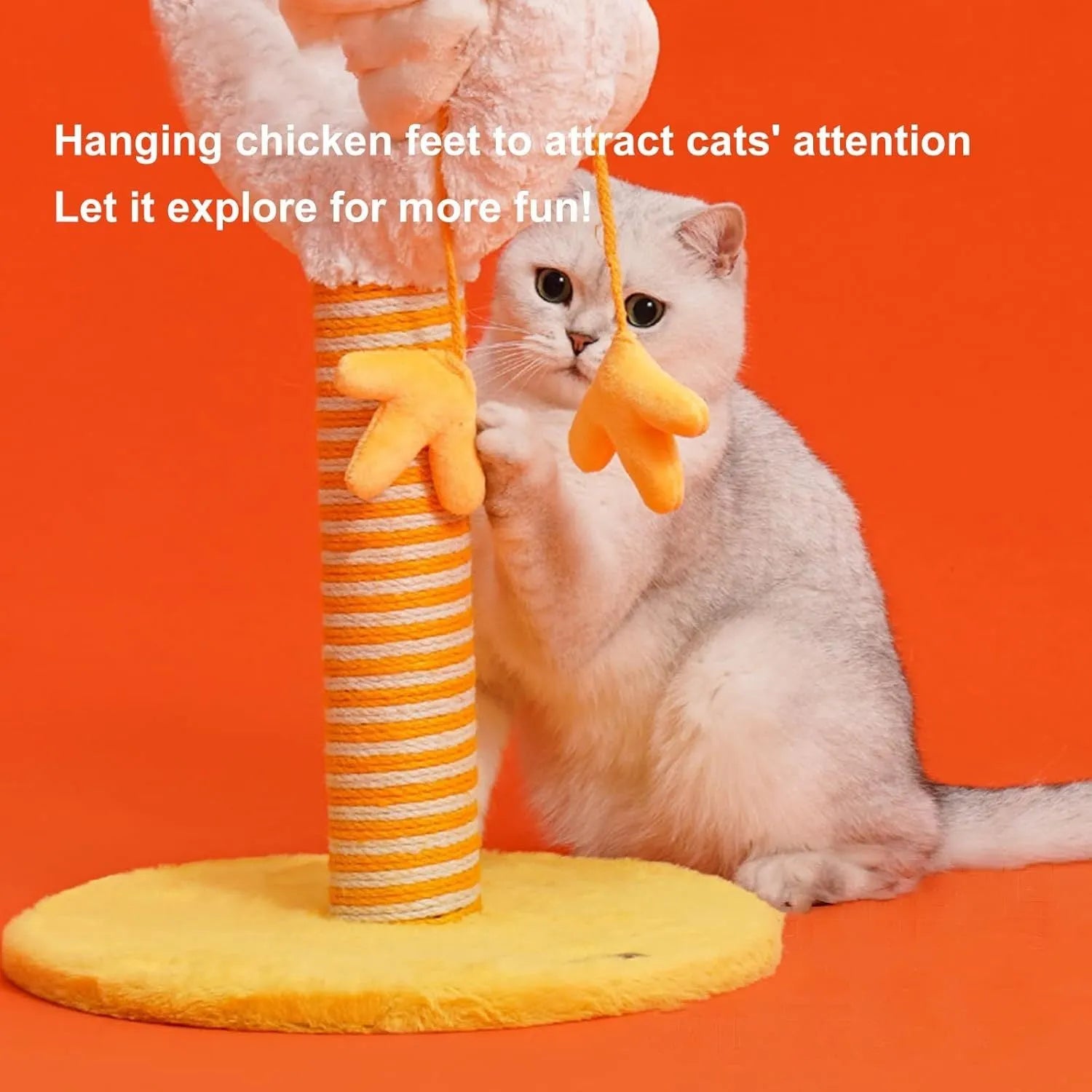 Yellow sisal cat scratching post with U-shaped design, spring ball toy, and solid wood construction