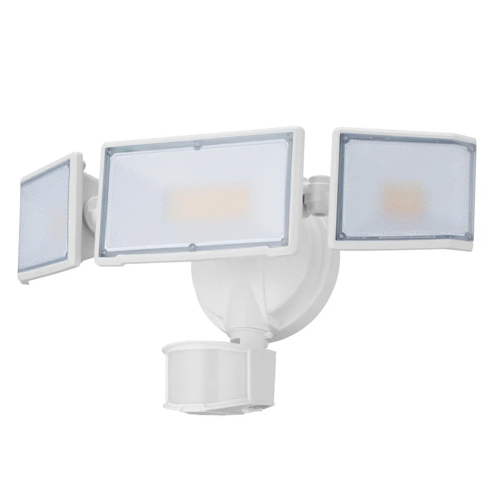White or black LED security flood light with motion sensor for outdoor wall or ceiling mounting.