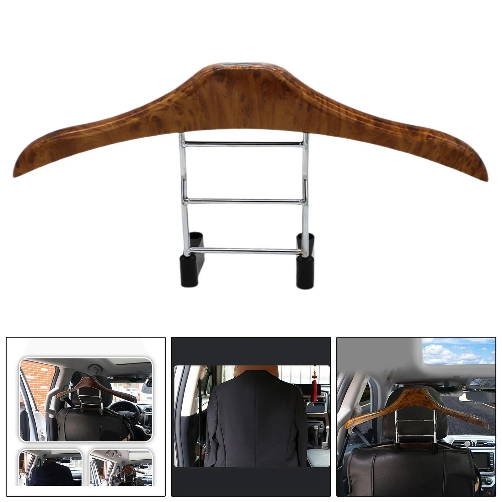 Wood yellow stainless steel car clothes hanger measuring 46.5cm wide on car seat