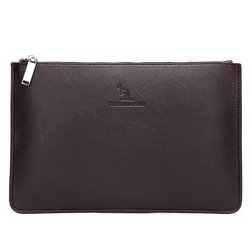 Soft black PU leather men's clutch wallet open to show six card slots, bill compartment, and zipper pocket.