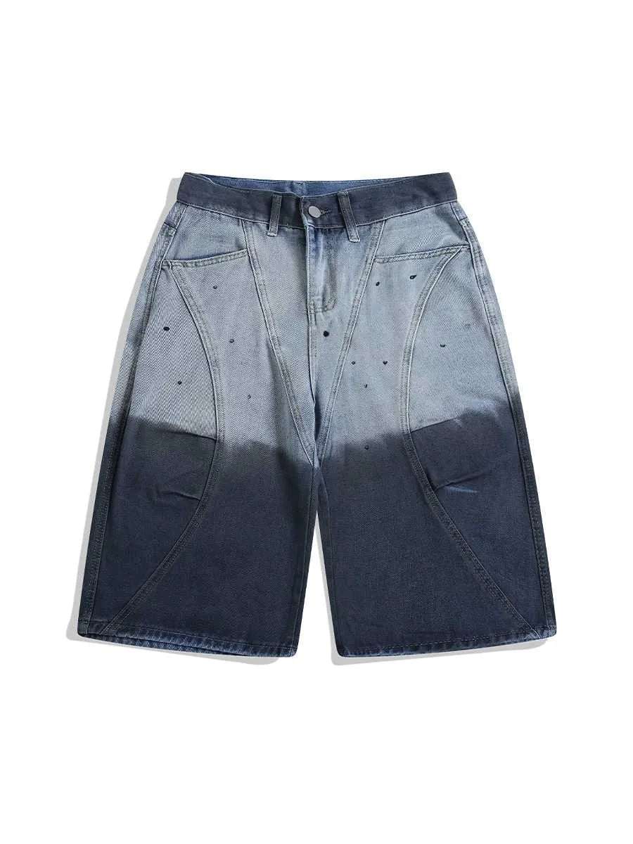 Blue tie-dye gradient cropped jeans with washed-out finish, loose fitting casual pants