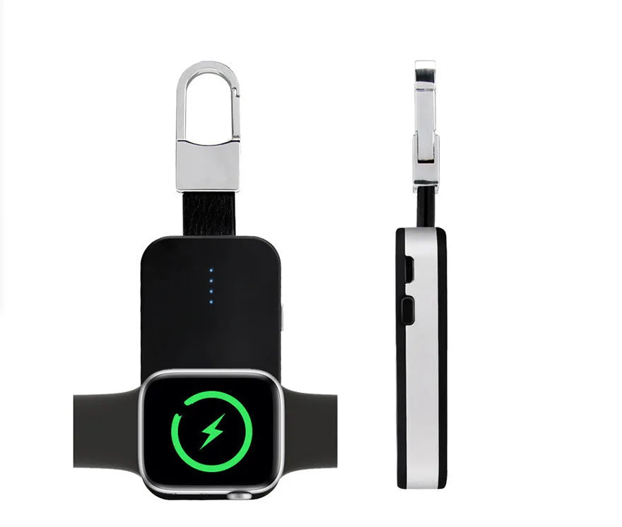 Black Apple Watch wireless charging power bank keychain with compact rectangular design