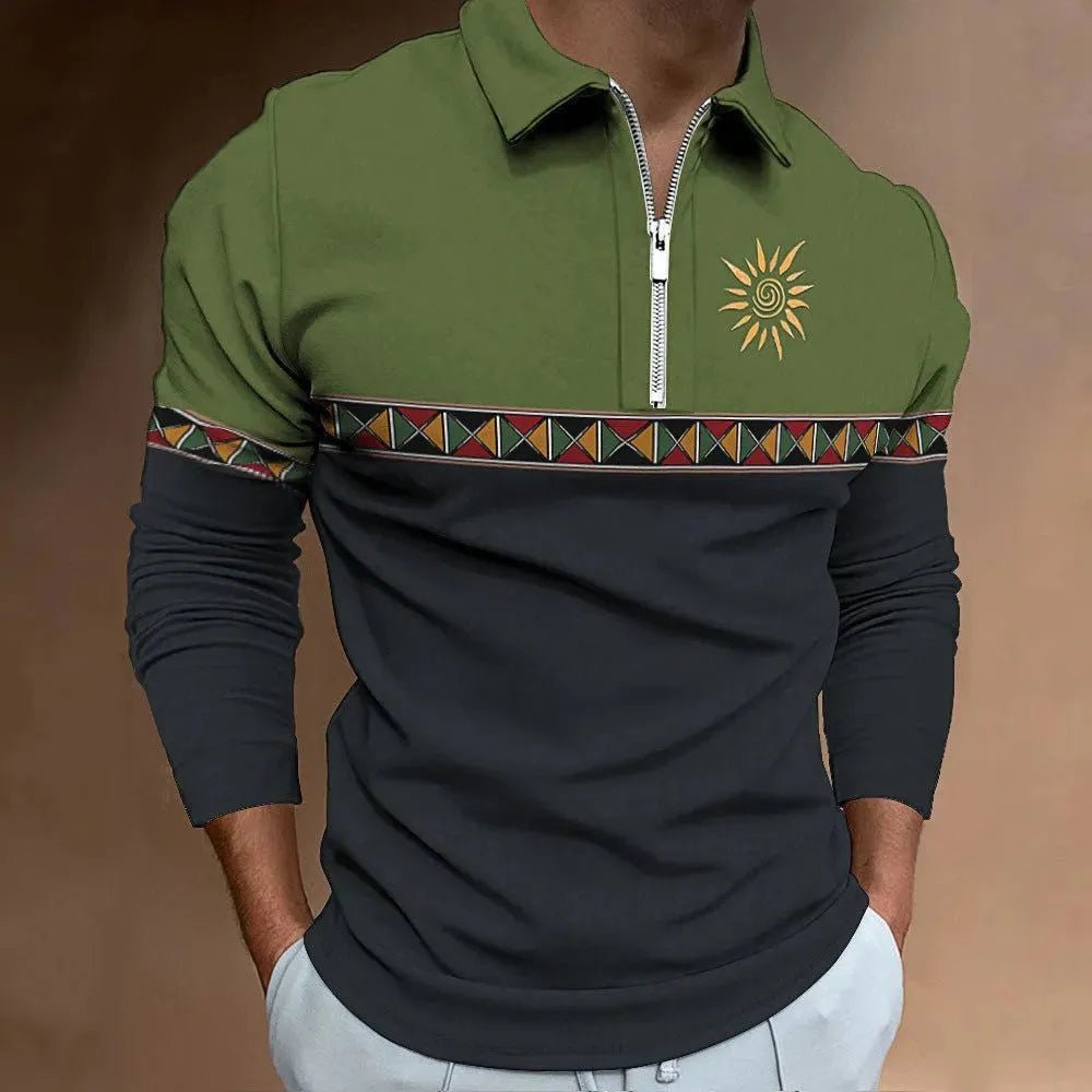 Men's loose fit long sleeve t-shirt with retro colour printing and stripe pattern, showing zip detail on sleeve.