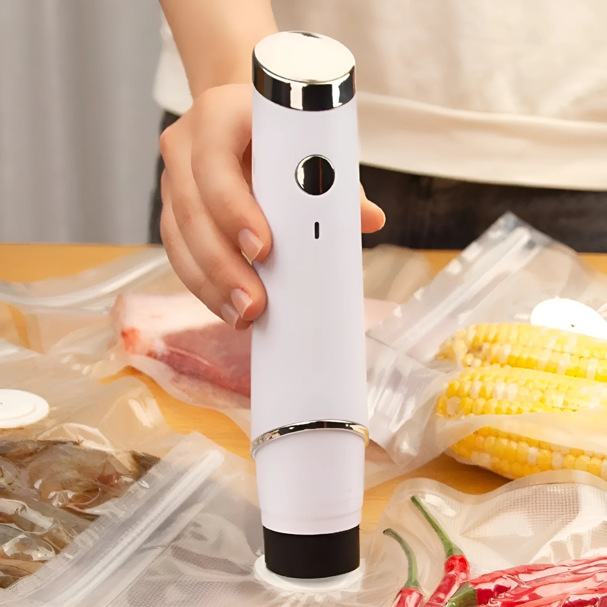 USB-powered electric suction pump with five plastic vacuum storage bags for food preservation