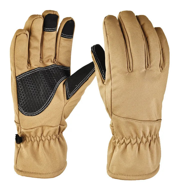 Pair of nylon tactical ski gloves in camouflage colour with anti-slip palm and touchscreen fingertips.
