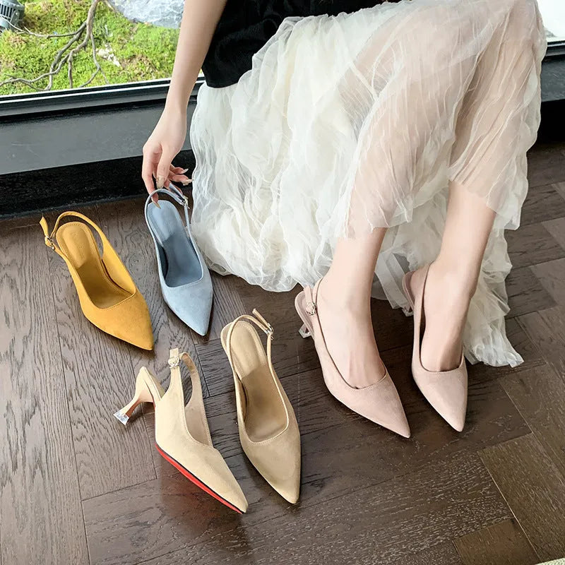 Women's suede stiletto high heels with pointed toe in apricot colour