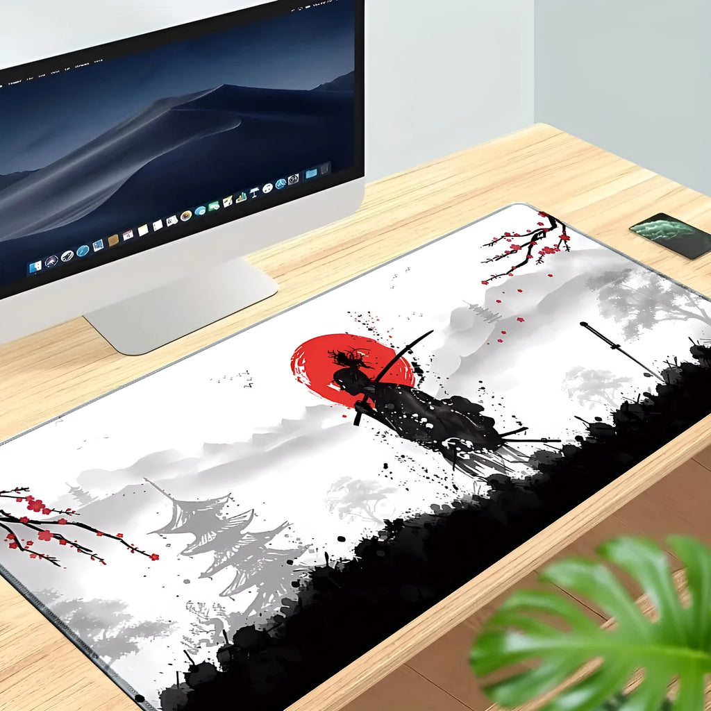 Japanese samurai design cloth gaming mouse pad on a desk, showing non-slip base and thermal transfer print detail.