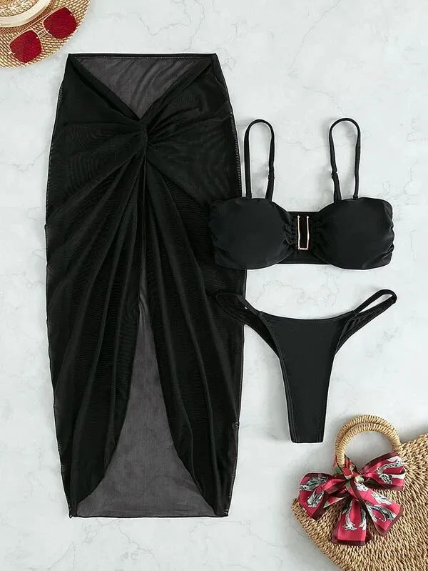 Women's three-piece bikini set with long culottes shorts in multiple colour options