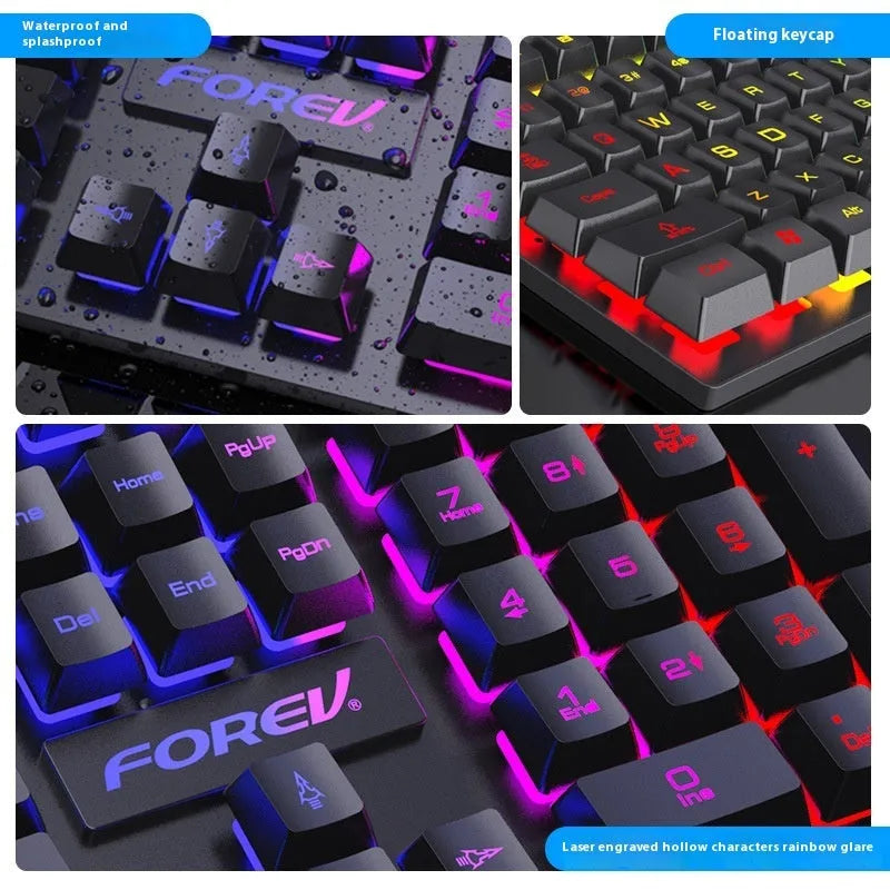 Black 104-key backlit gaming keyboard with mouse on desk, showing compact ABS build and 1.5m cable
