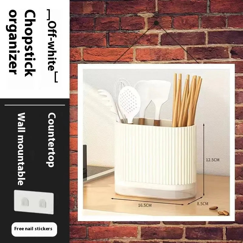 Modern plastic wall-mounted chopsticks and spoon holder in beige, dark green, or orange.