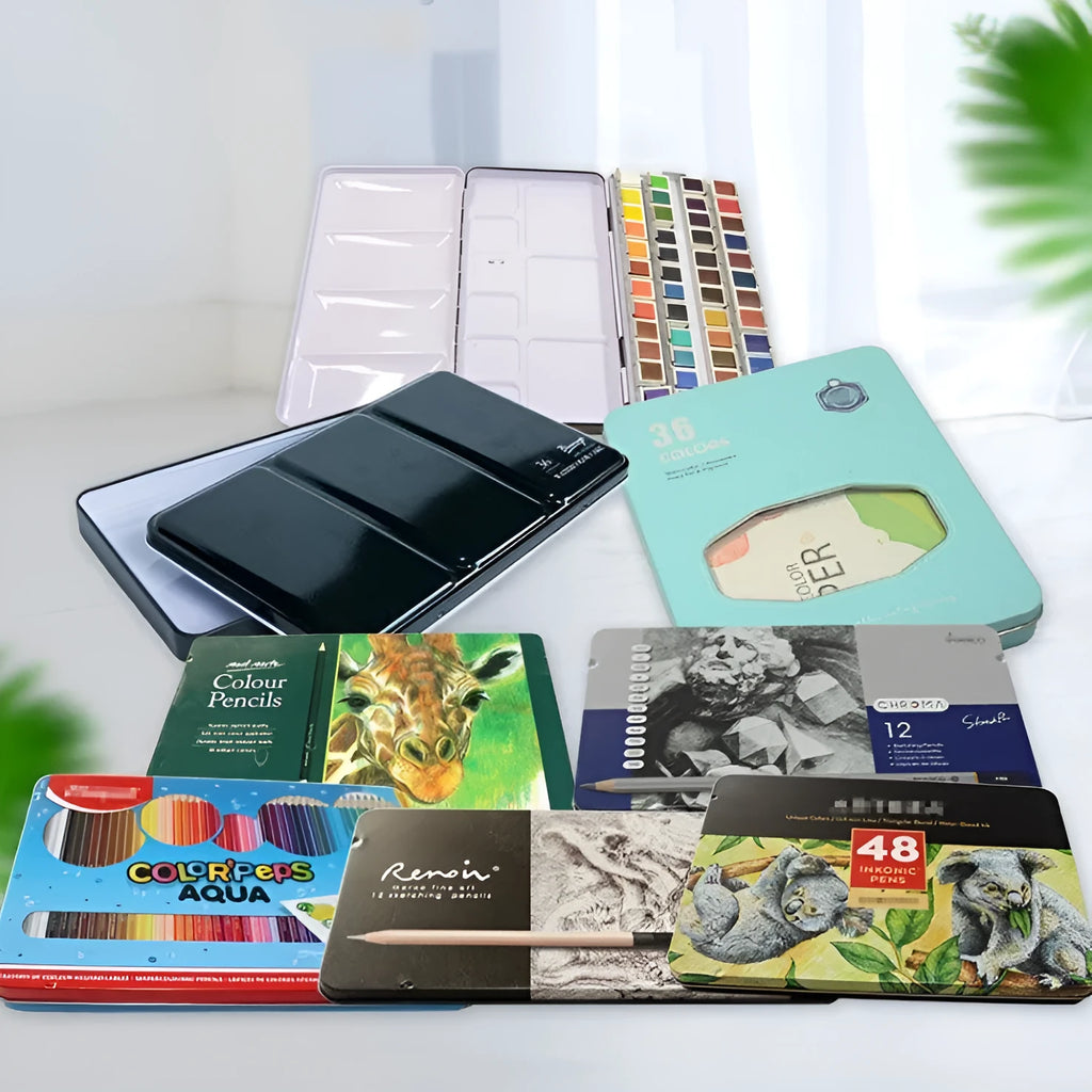 Square tinplate metal empty watercolour paint box with three-fold compartments for 12, 24 or 48 pigment pans.