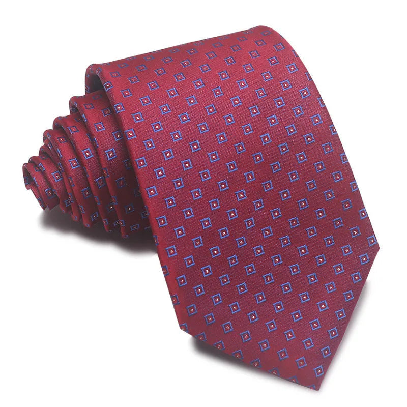 8CM wide polyester jacquard striped business tie in arrow style showing red, black, and blue colour options