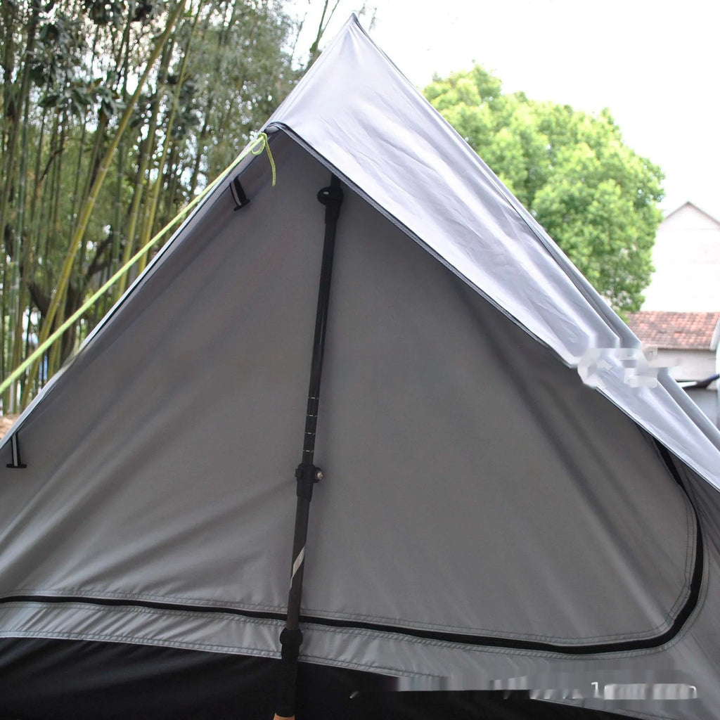 Brown or white A-line pole-free cabin tent for 2-3 people with hiking cane support