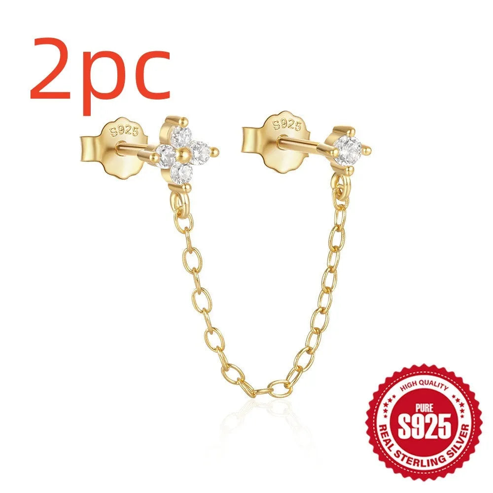 S925 sterling silver geometric stud earrings with a flower and tassel chain design in a gold electroplated finish.