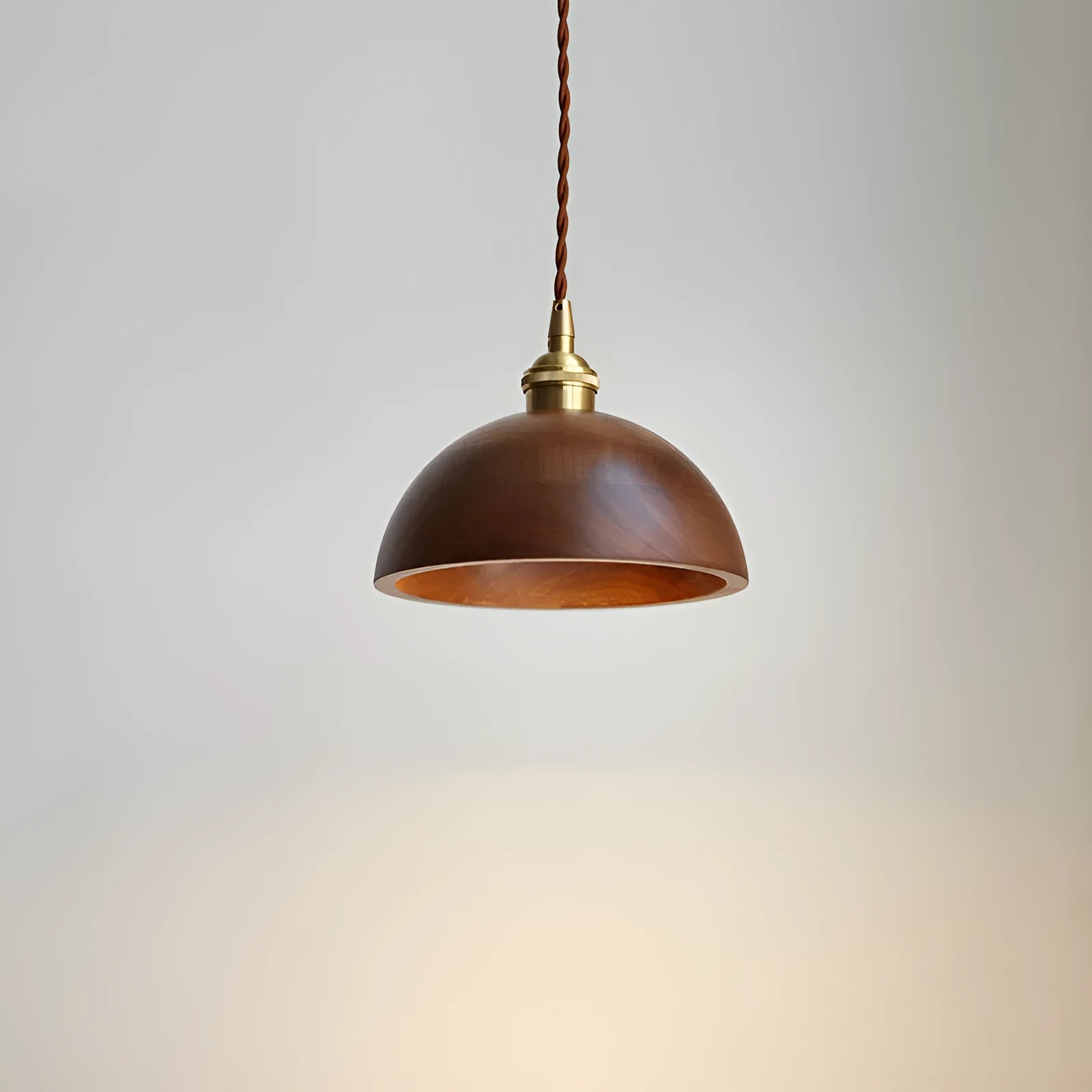 Black walnut wood and copper single-head droplight ceiling chandelier with a fabric cord.
