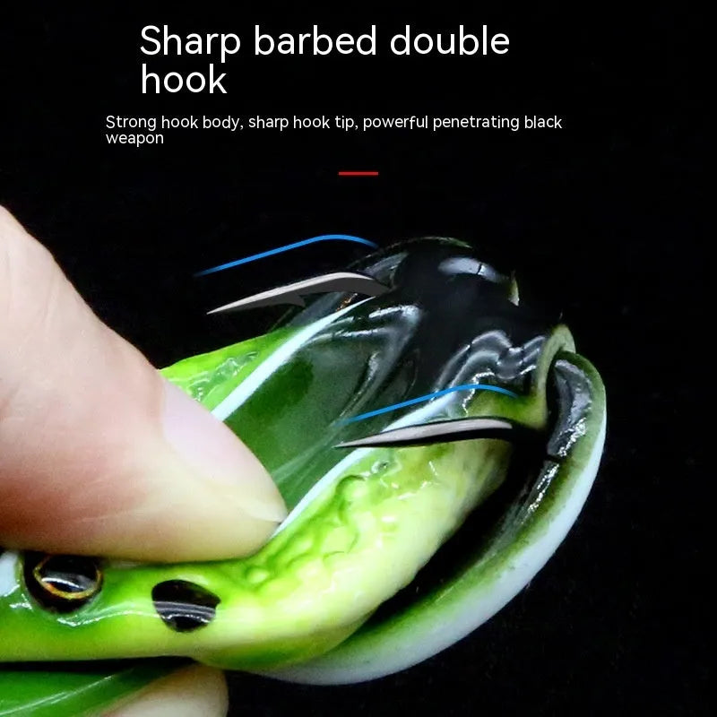 Bionic thunder frog fishing lure with realistic snake head design and double hooks in grass green colour
