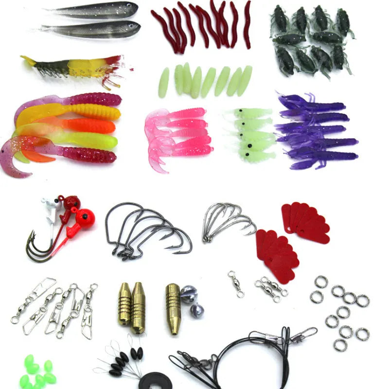 132-piece fishing lure suit set with soft baits in rose red treasure colour