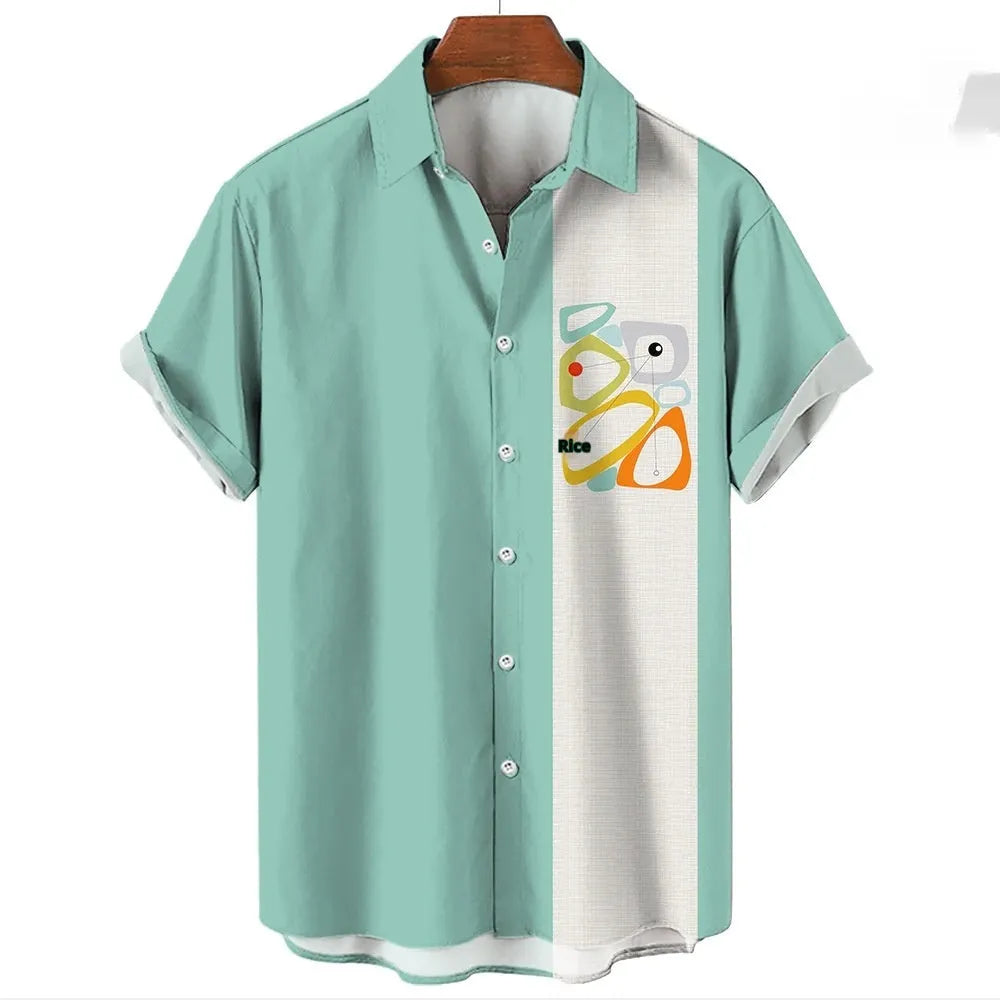 Men's striped Hawaiian shirt with short sleeves and button-up front