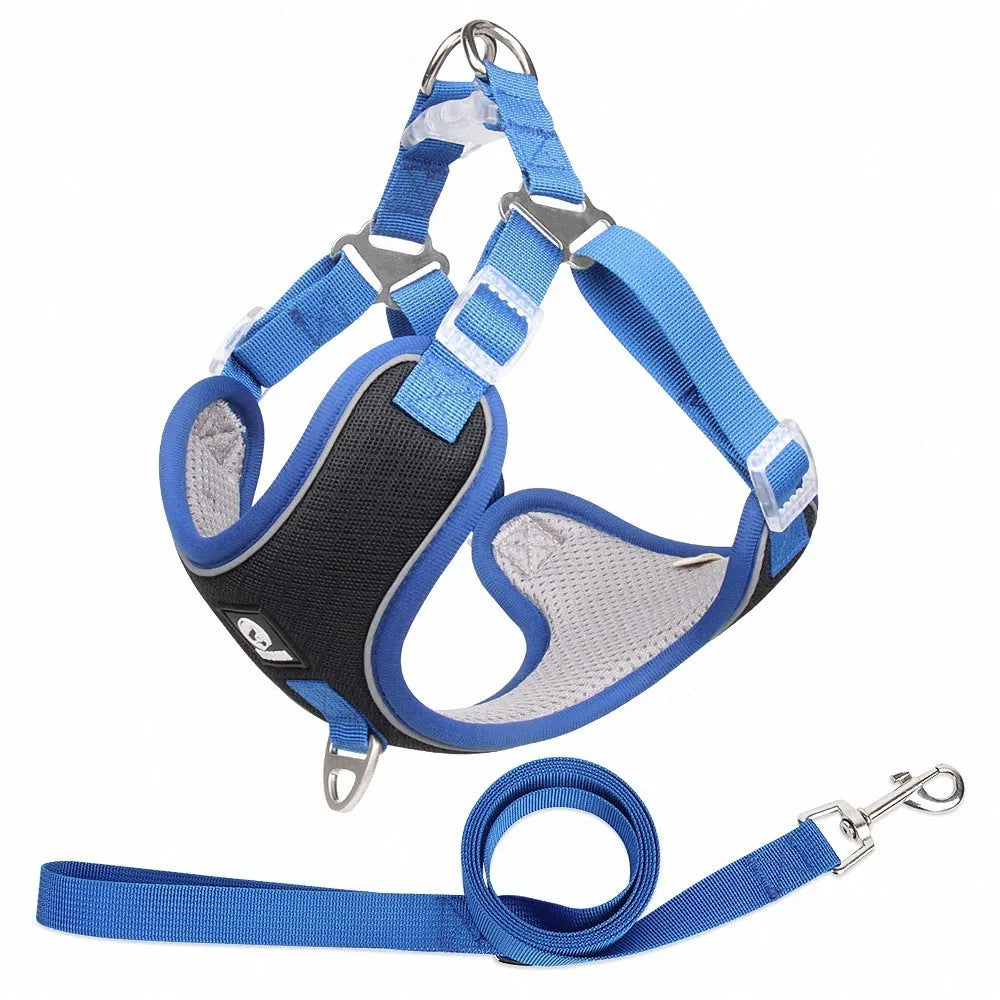 Adjustable mesh dog harness with reflective piping in black, red, gray, or light purple colours