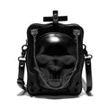 Black Gothic skull crossbody bag with square shape, chain detail, and zipper opening