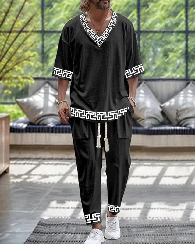 Cropped sleeves V-neck trousers suit in thin polyester two-piece set