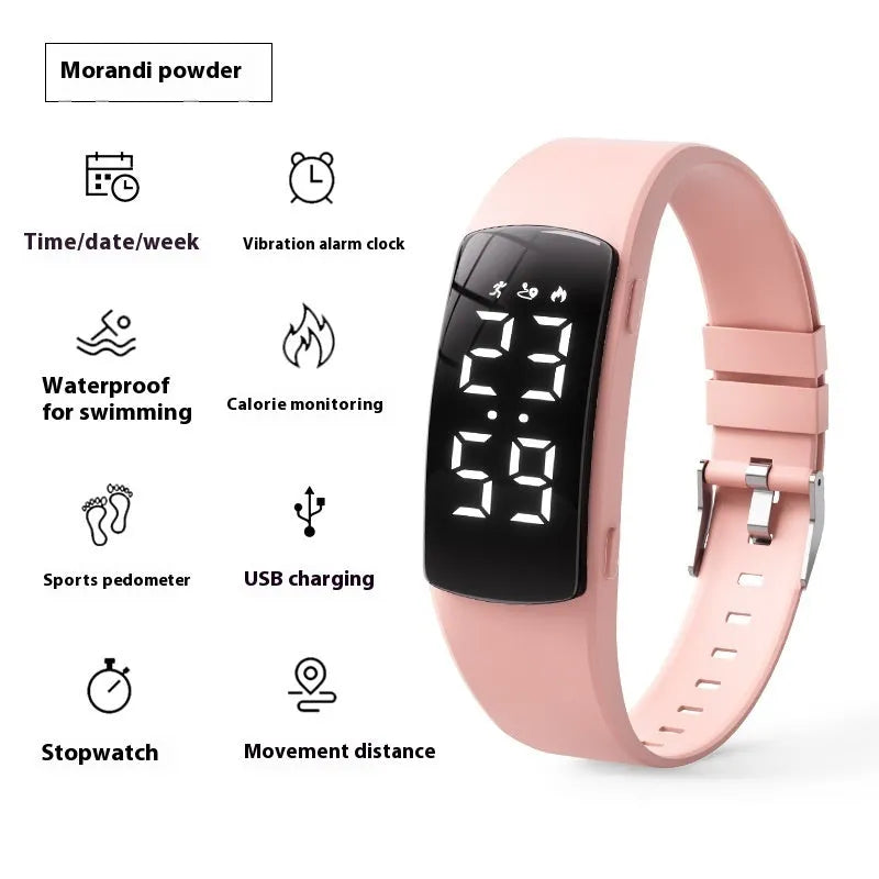 Black vibration alarm smart watch with LED display on a silicone strap, showing 50m waterproof rating.