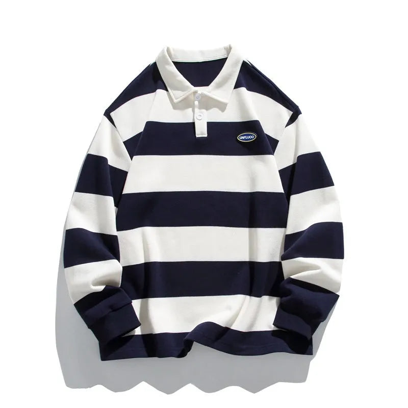 Hong Kong style pearl cotton polo shirt with lapel collar in striped loose fit design