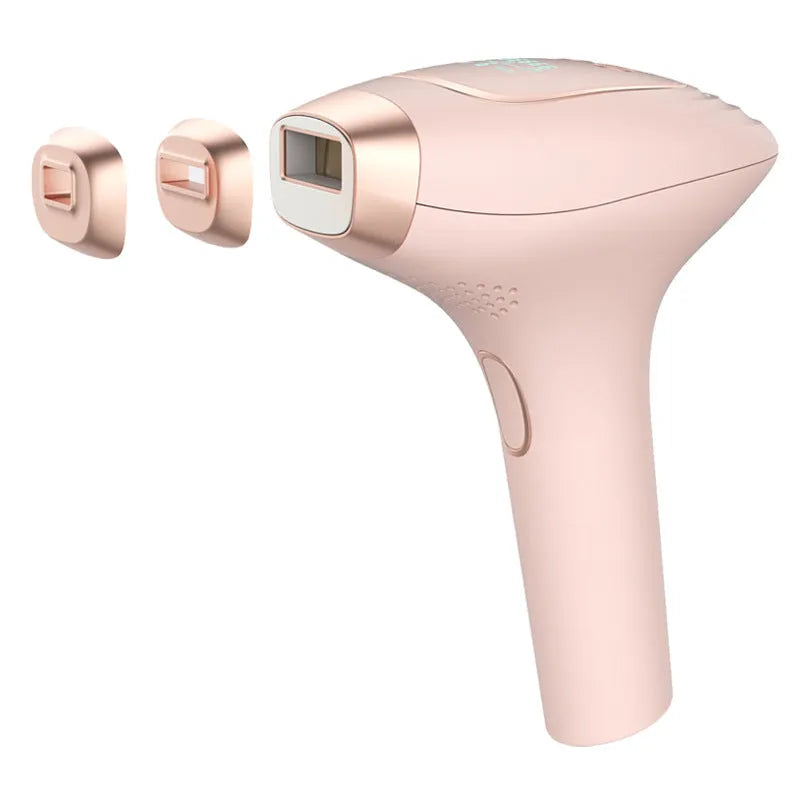 Pink and white three-in-one laser hair removal device with shaver attachment and protective glasses
