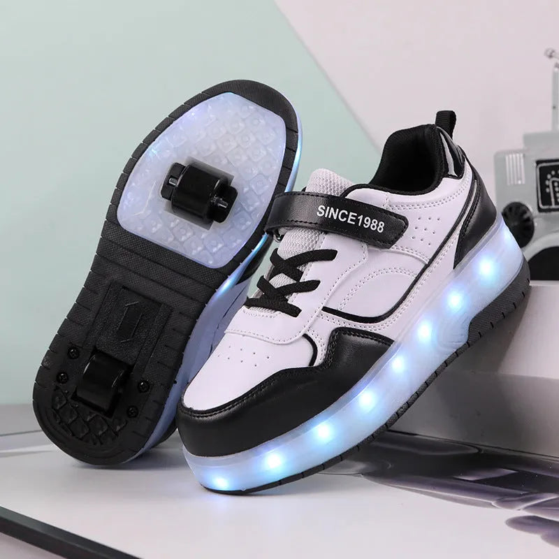 Children's rechargeable roller skates with flashing LED light-up wheels in pink, white, black, and purple colours.