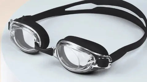 Myopia swimming goggles with anti-fog lenses and a protective storage case in assorted colours.