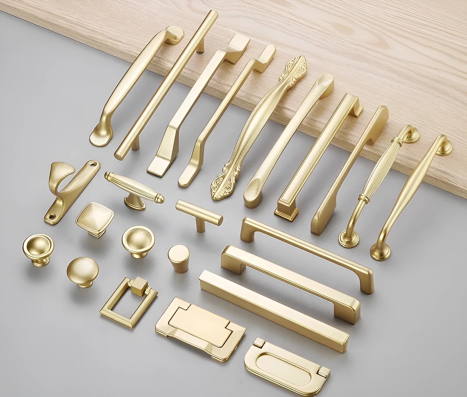 Gold aluminium alloy single hole T-shaped cabinet handle showing three hole distance size options.