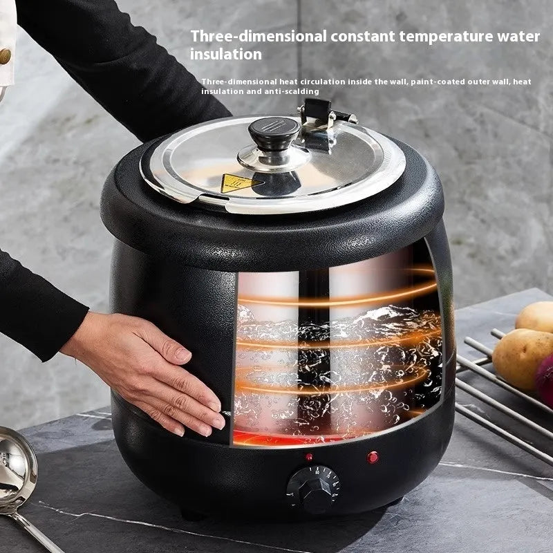 Black stainless steel electric insulation pot with steel cover, 10L capacity for soups and porridge.