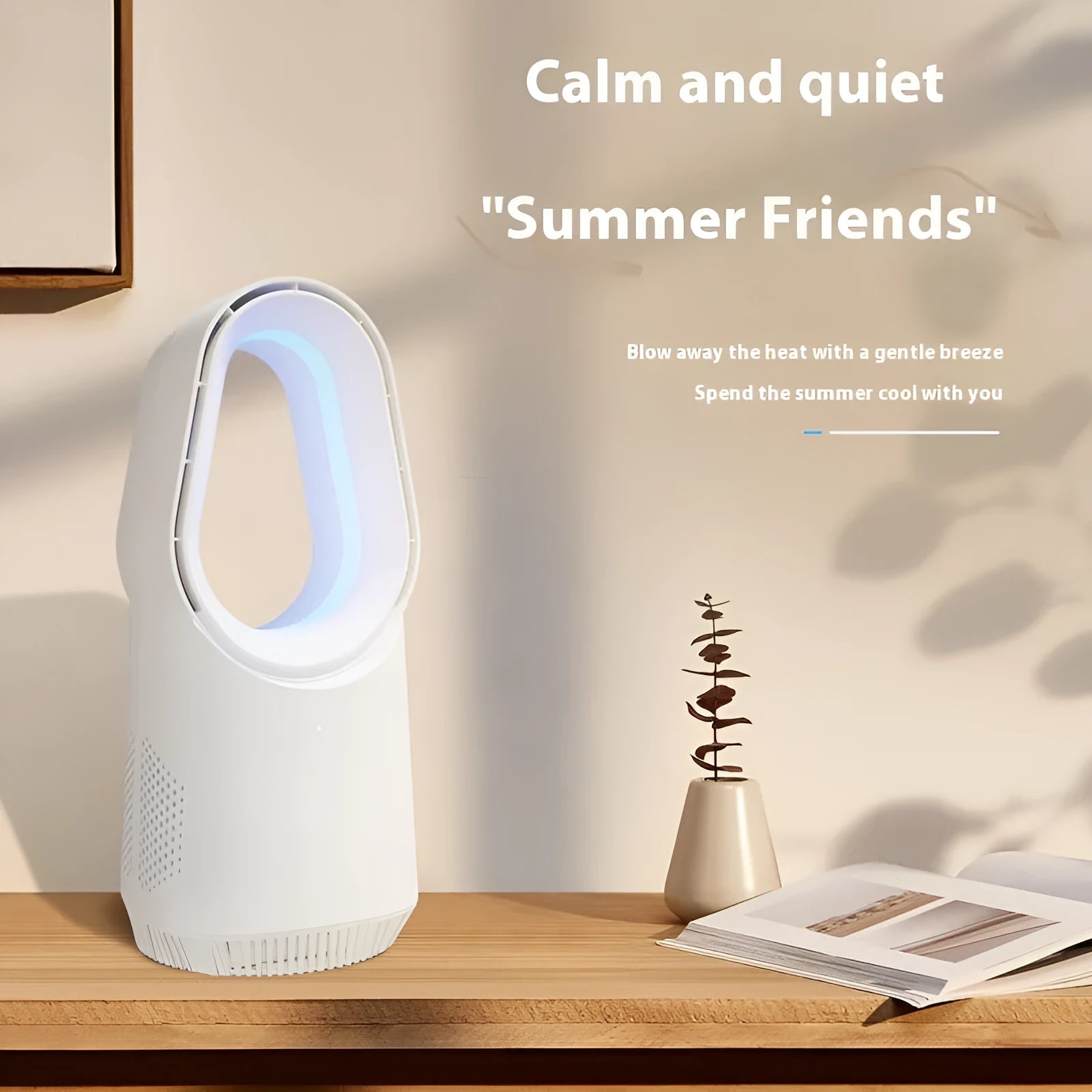 White bladeless tower fan with touch screen controls and remote control