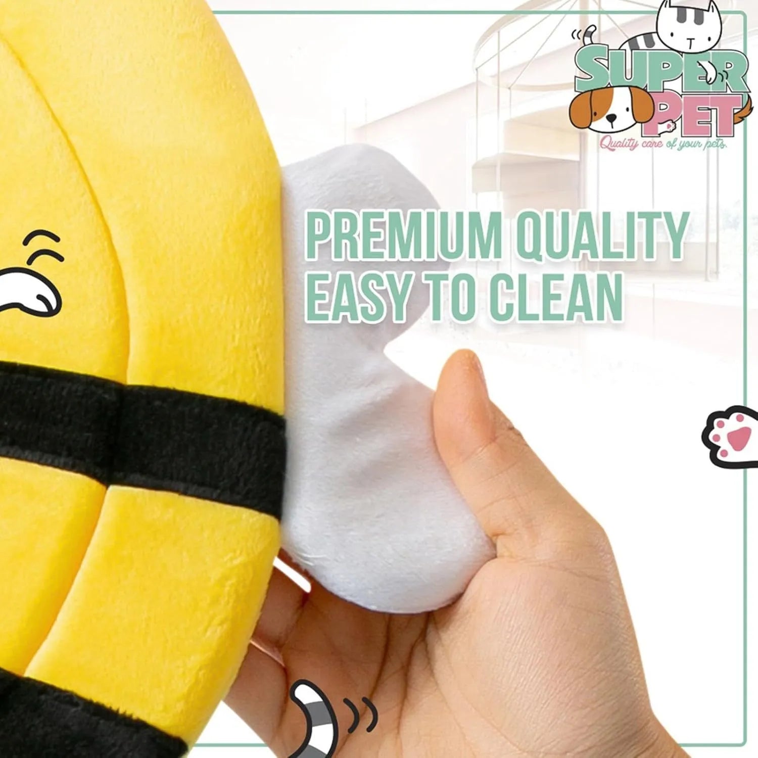 Soft cat cone collar with black and yellow bee design showing Velcro closure and curved protective shape