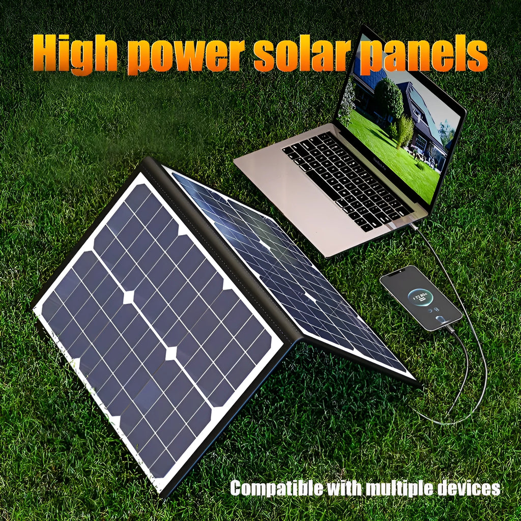 Black 40W foldable solar panel charger shown in its carry bag, with dimensions 425x285mm.
