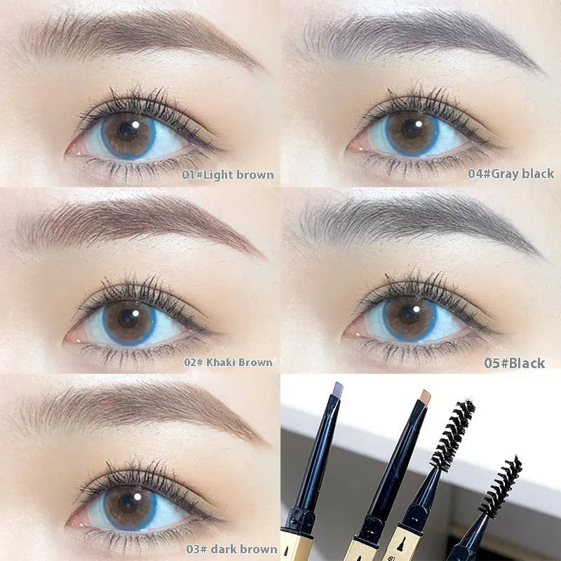 Gold ultra-fine eyebrow pencil shown in five shades: light brown, kaki brown, dark brown, grey black, and black
