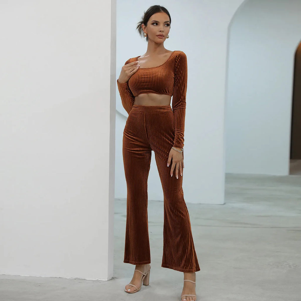Caramel coloured long sleeve sweater and trousers set shown together