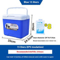 Blue aluminium foil portable insulated cooler box showing multiple capacity options for car and outdoor use.