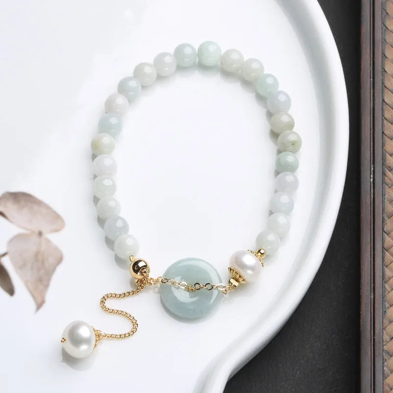 Natural emerald peace buckle pearl bracelet with jade pendant and pearl beads
