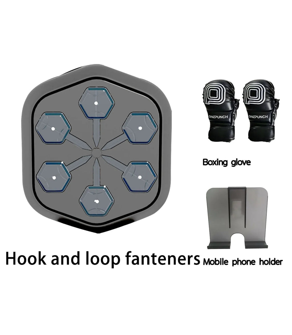 Black smart boxing machine with Bluetooth connectivity and included gloves on flat surface