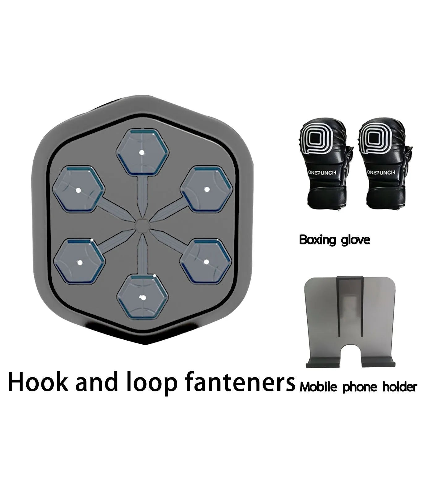 Black smart boxing machine with Bluetooth connectivity and included gloves on flat surface