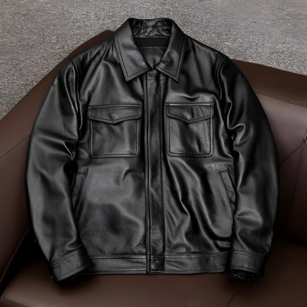 Men's plus size black lapel leather jacket with side pockets, shown on a hanger.